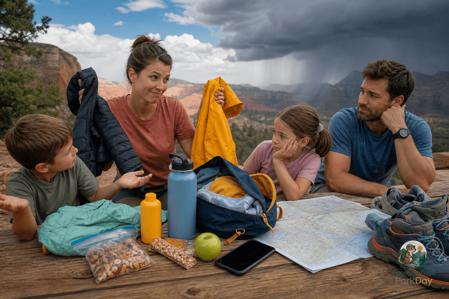 Daypack, rain shell, water bottle, and folded map on a picnic table with mountains and clouds in the background