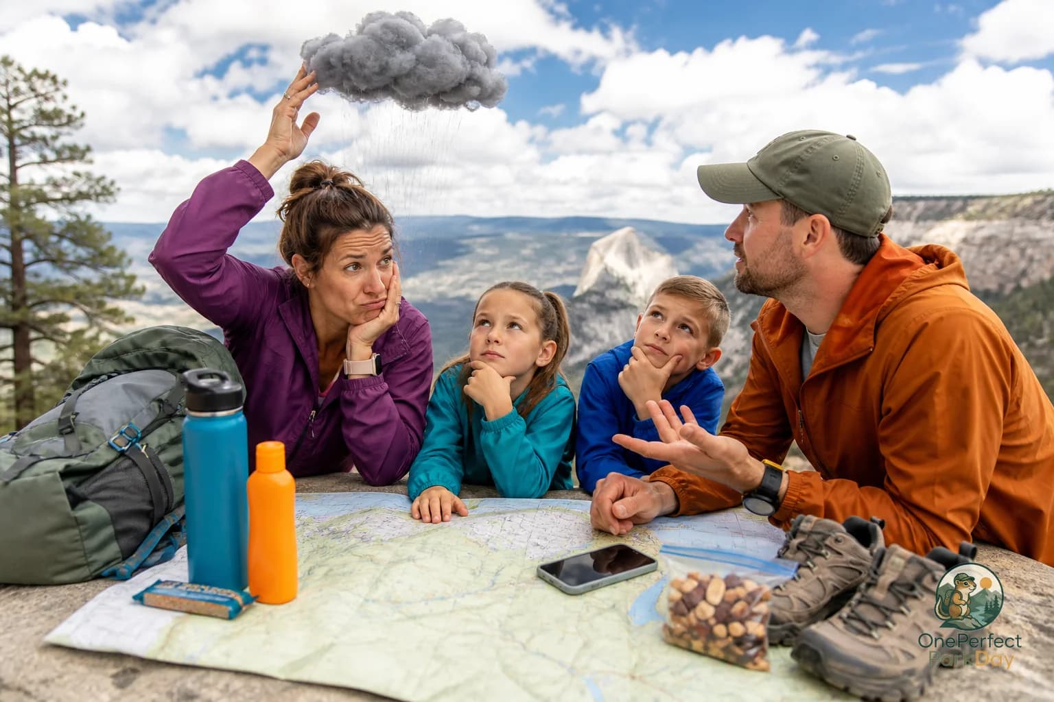 Daypack, folded map, water bottles, and snacks on a picnic table near a national park trailhead
