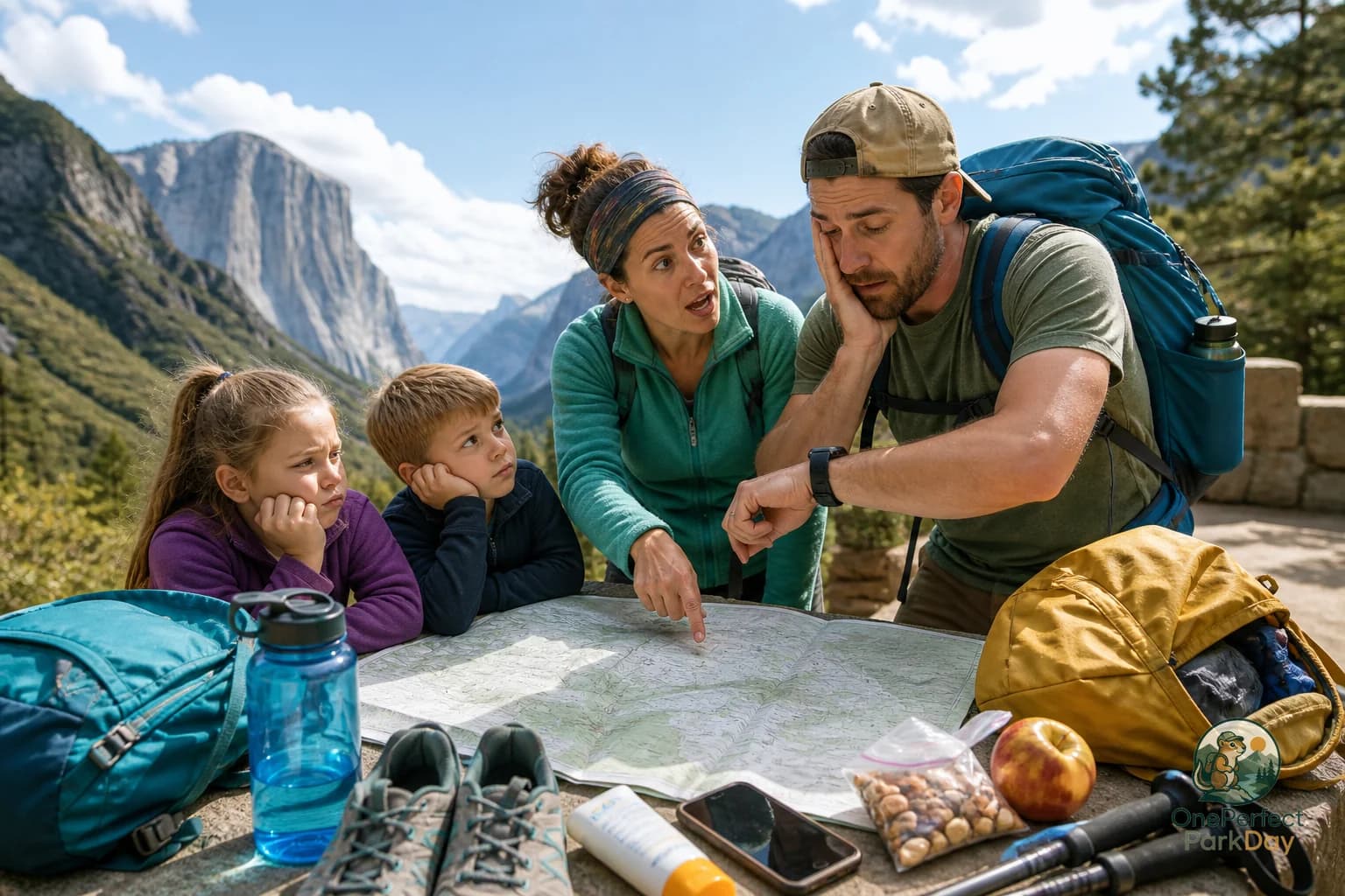 A family checking the time beside a national park overlook before heading back to their car