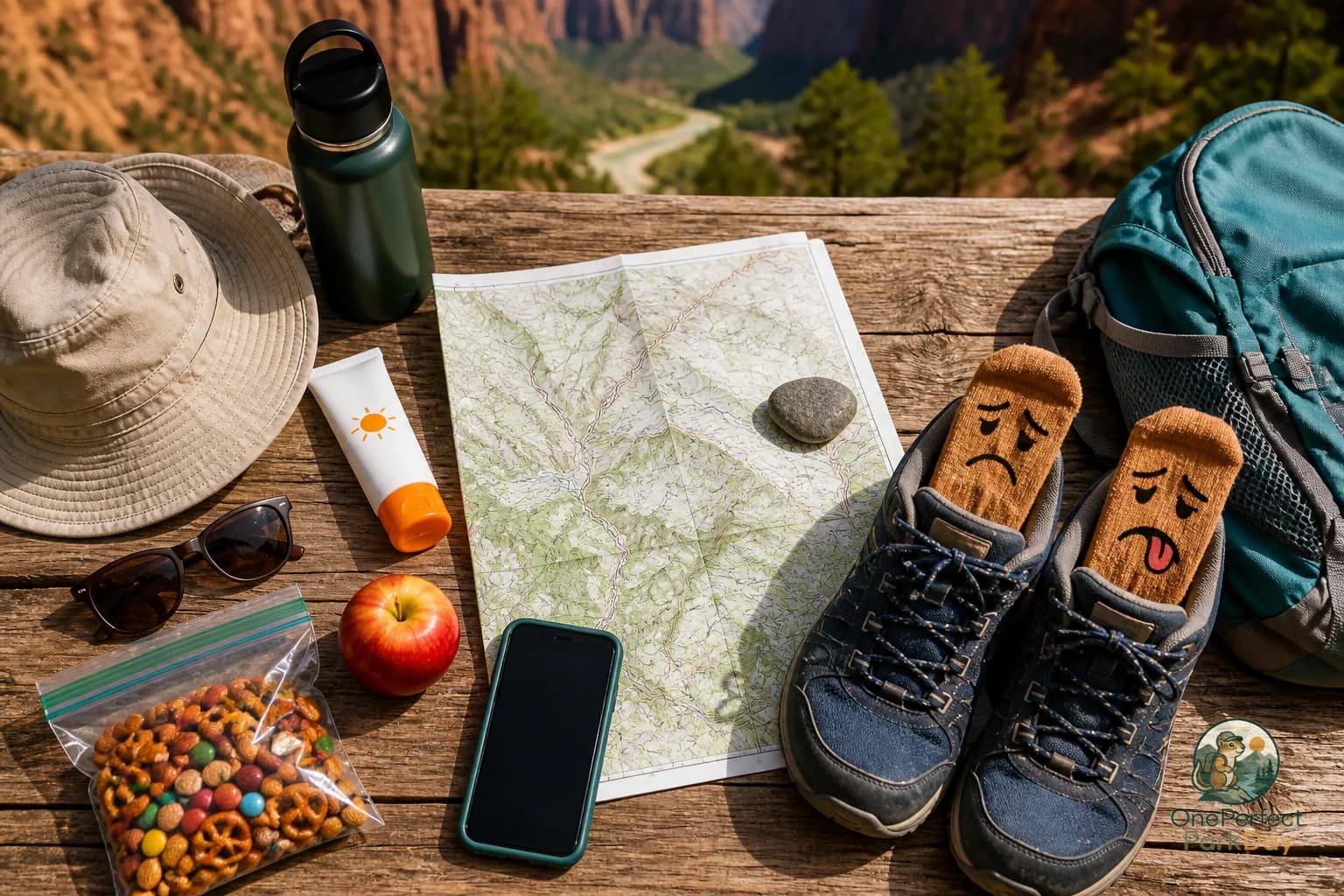 A family reviewing a national park map beside a scenic overlook with daypacks and water bottles nearby