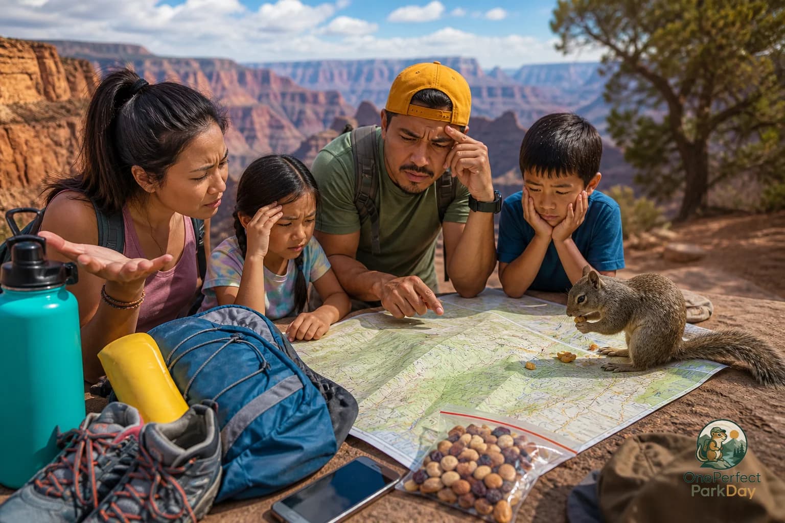 Folded US national park map beside a water bottle, daypack, sunglasses, and marked scenic road route