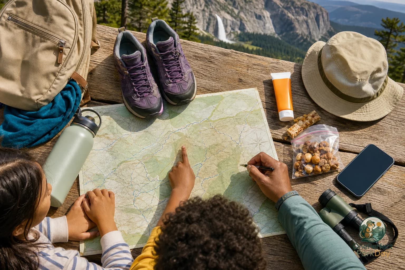 A folded national park map with a highlighted route, water bottle, snack bag, and trail notes on a picnic table