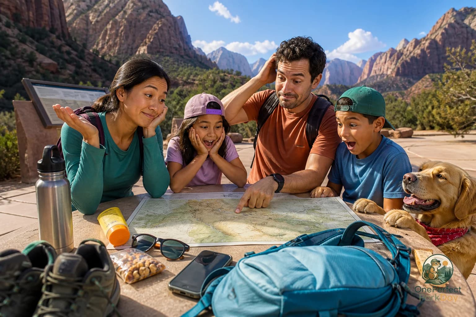 Notebook, map, water bottle, and daypack arranged for planning one day in a US national park