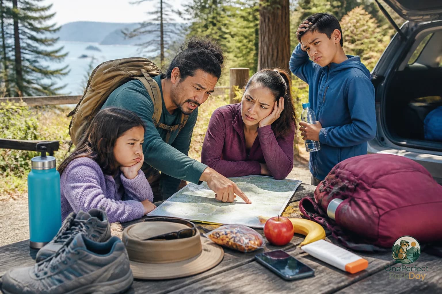 A coastal redwood forest road with tall trees, mist, and a small day planning map