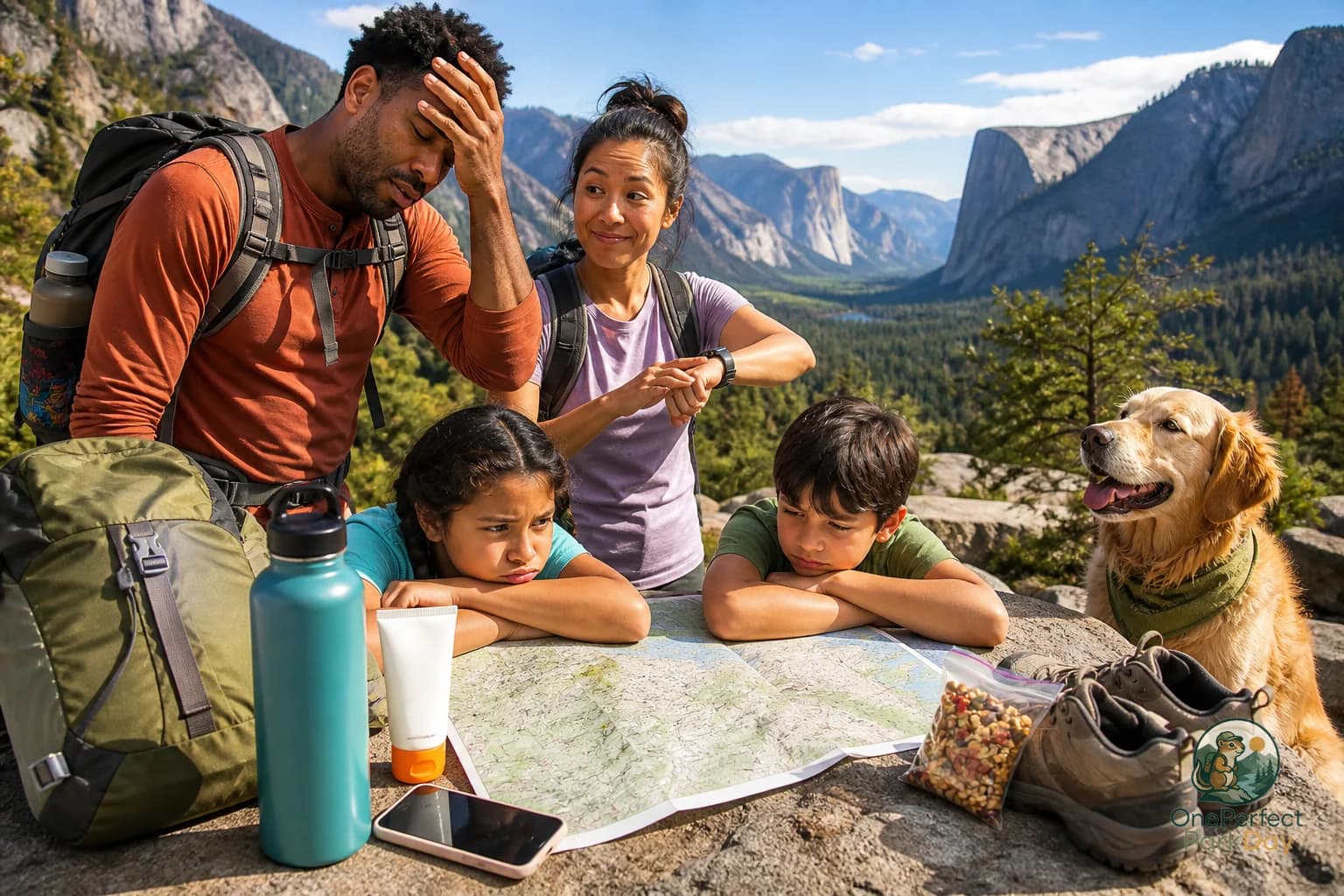 A small daypack, water bottle, trail map, and sunglasses arranged on a national park picnic table