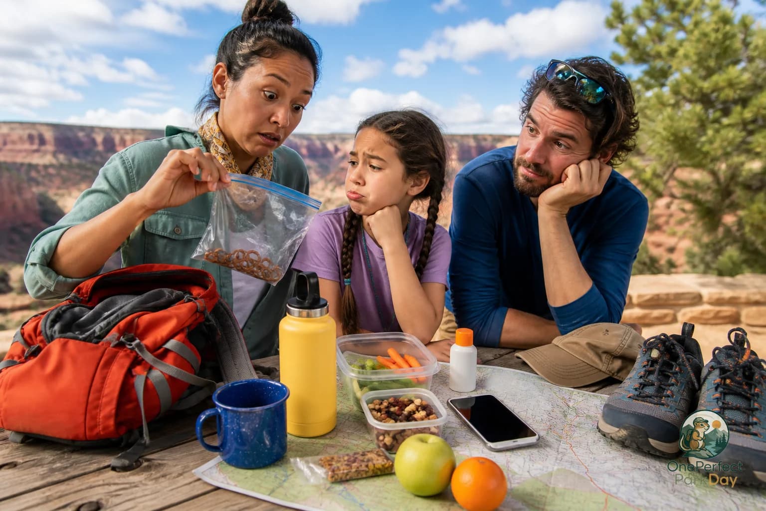 Daypack and reusable water bottles on a picnic table during a US national park day
