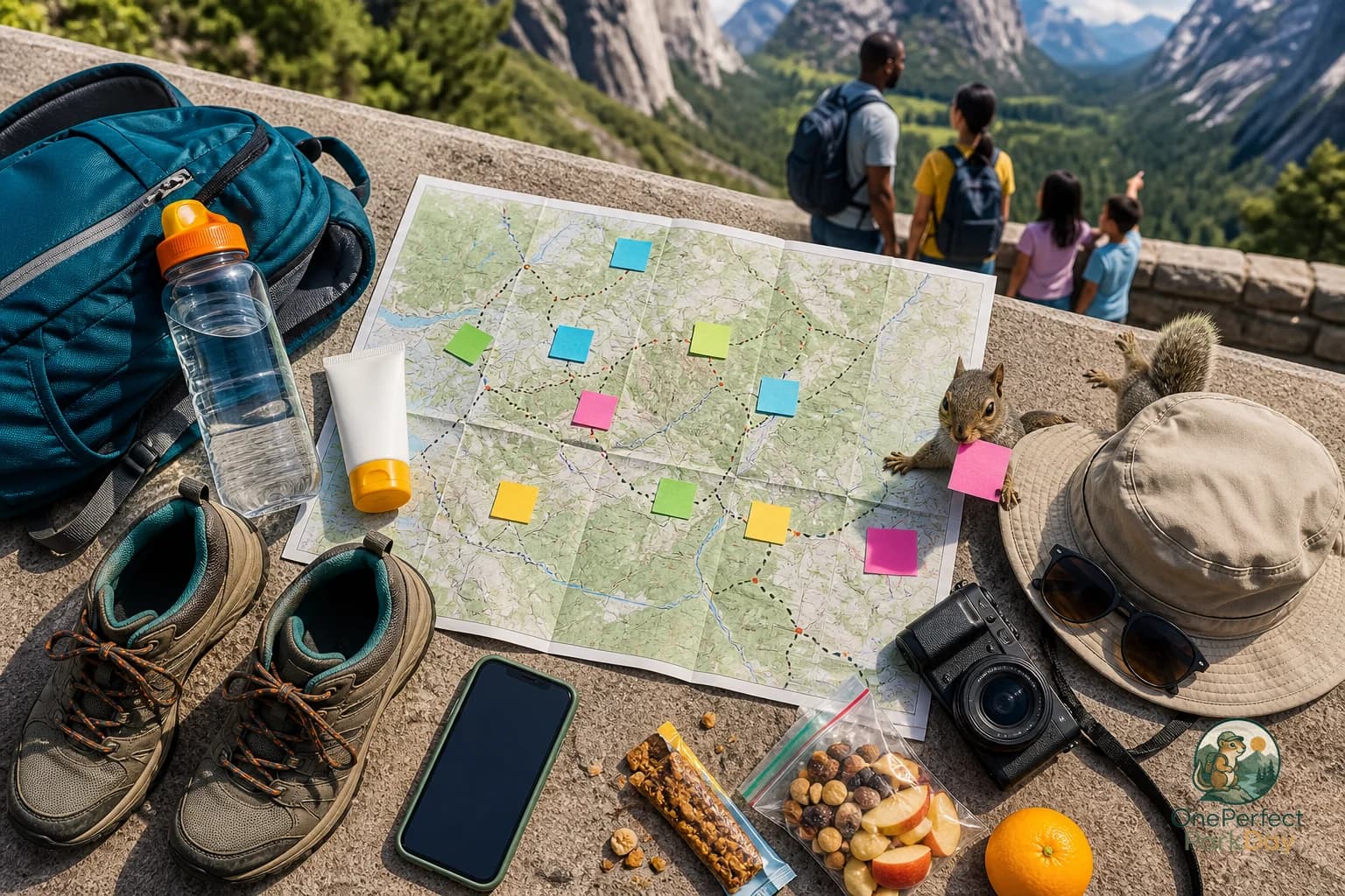 A marked national park map beside a daypack, water bottle, snacks, and a handwritten itinerary with backup options