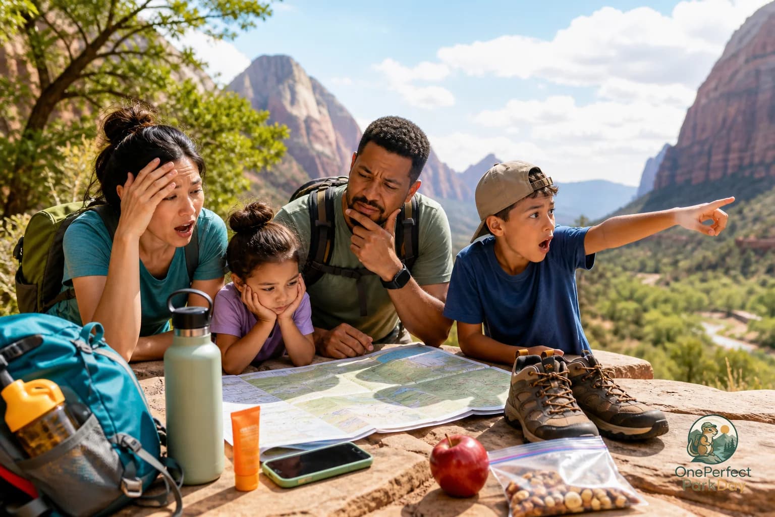 A national park map, water bottle, snacks, and a small daypack laid out on a picnic table before a one-day visit