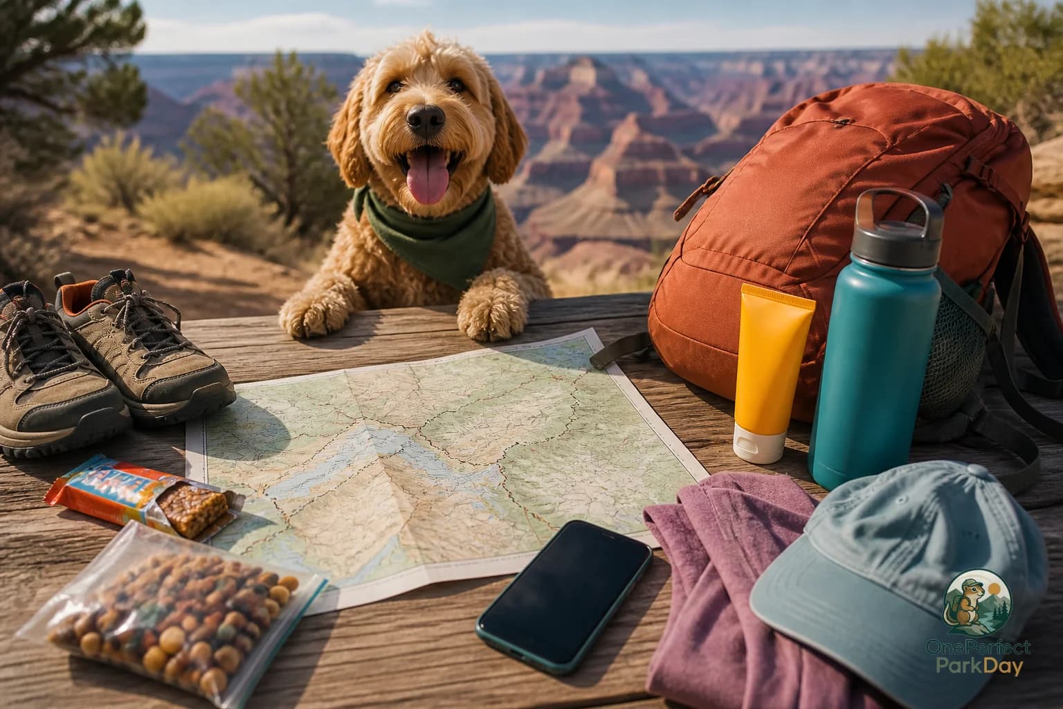 A marked US National Park map, water bottle, snacks, and daypack laid out on a picnic table before a park visit