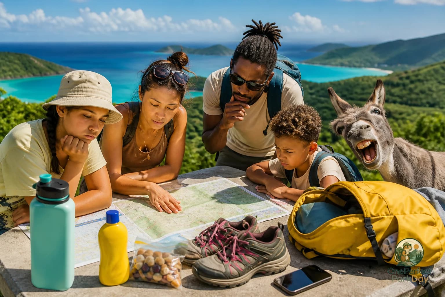 A calm beach and green hillside scene in Virgin Islands National Park with a simple one-day planning route overlay
