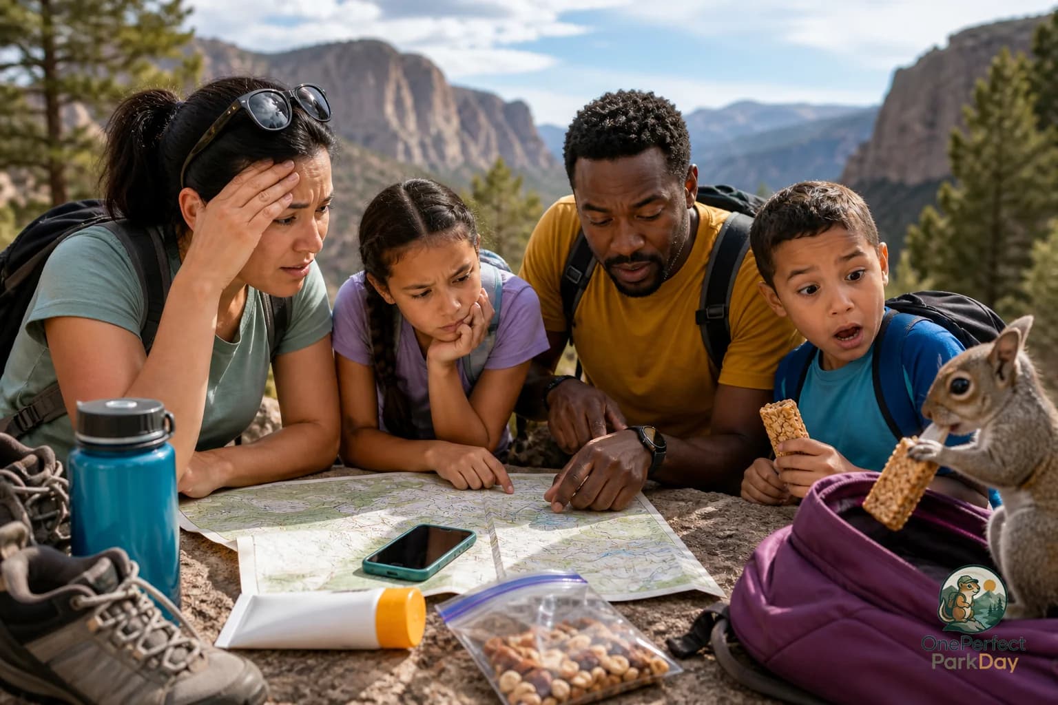 A national park map, daypack, water bottle, and handwritten one-day itinerary checklist on a picnic table