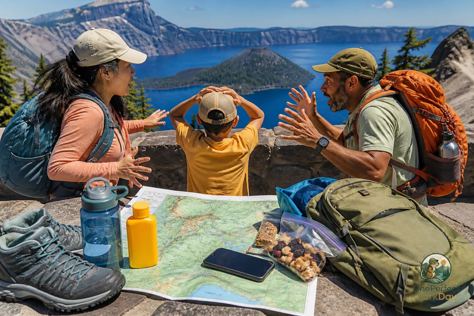 Crater Lake rim viewpoint with blue lake water, forested slopes, and a winding scenic road