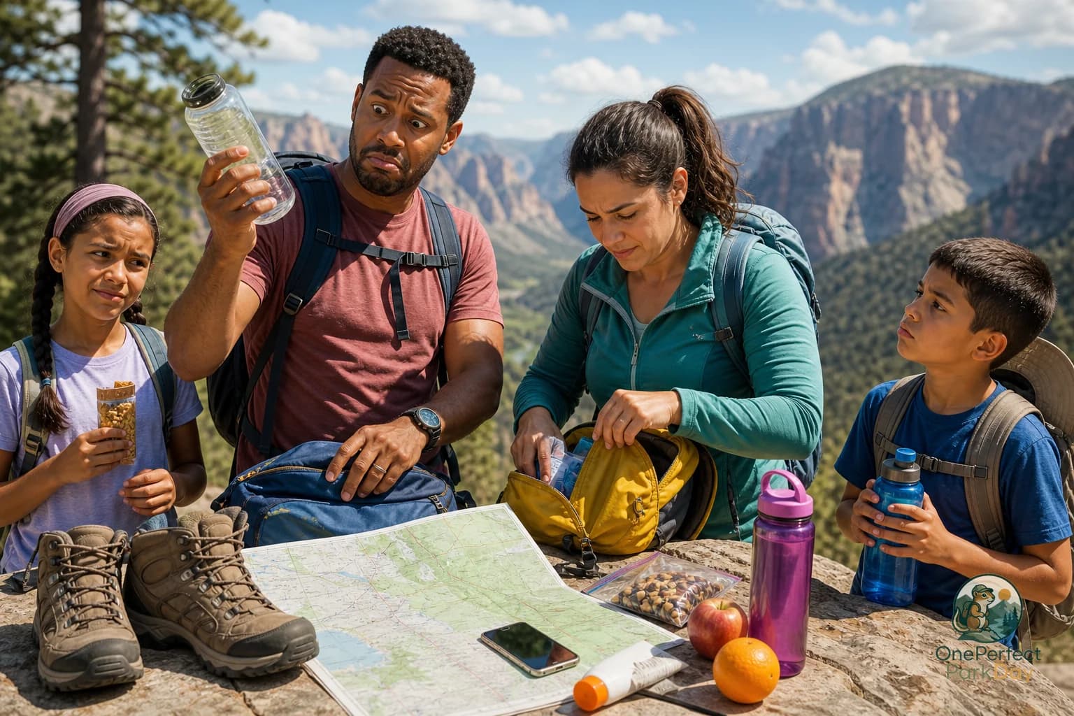 Reusable water bottles, trail snacks, and a folded national park map on a picnic table