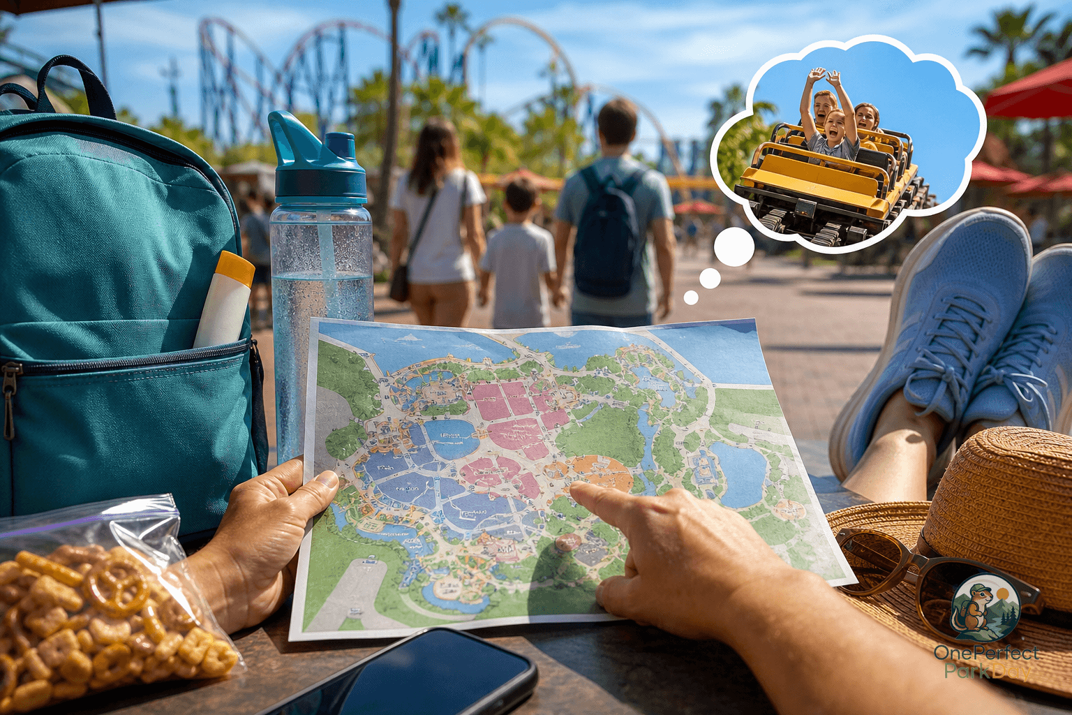 Theme park walkway with planning notes for a flexible one-day itinerary