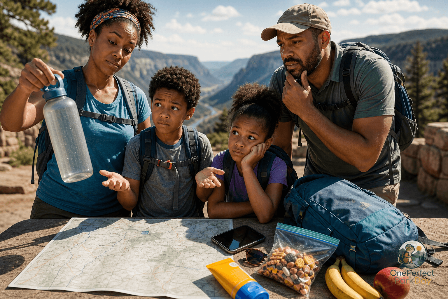 Daypack with water bottles and trail snacks prepared for a one day national park visit