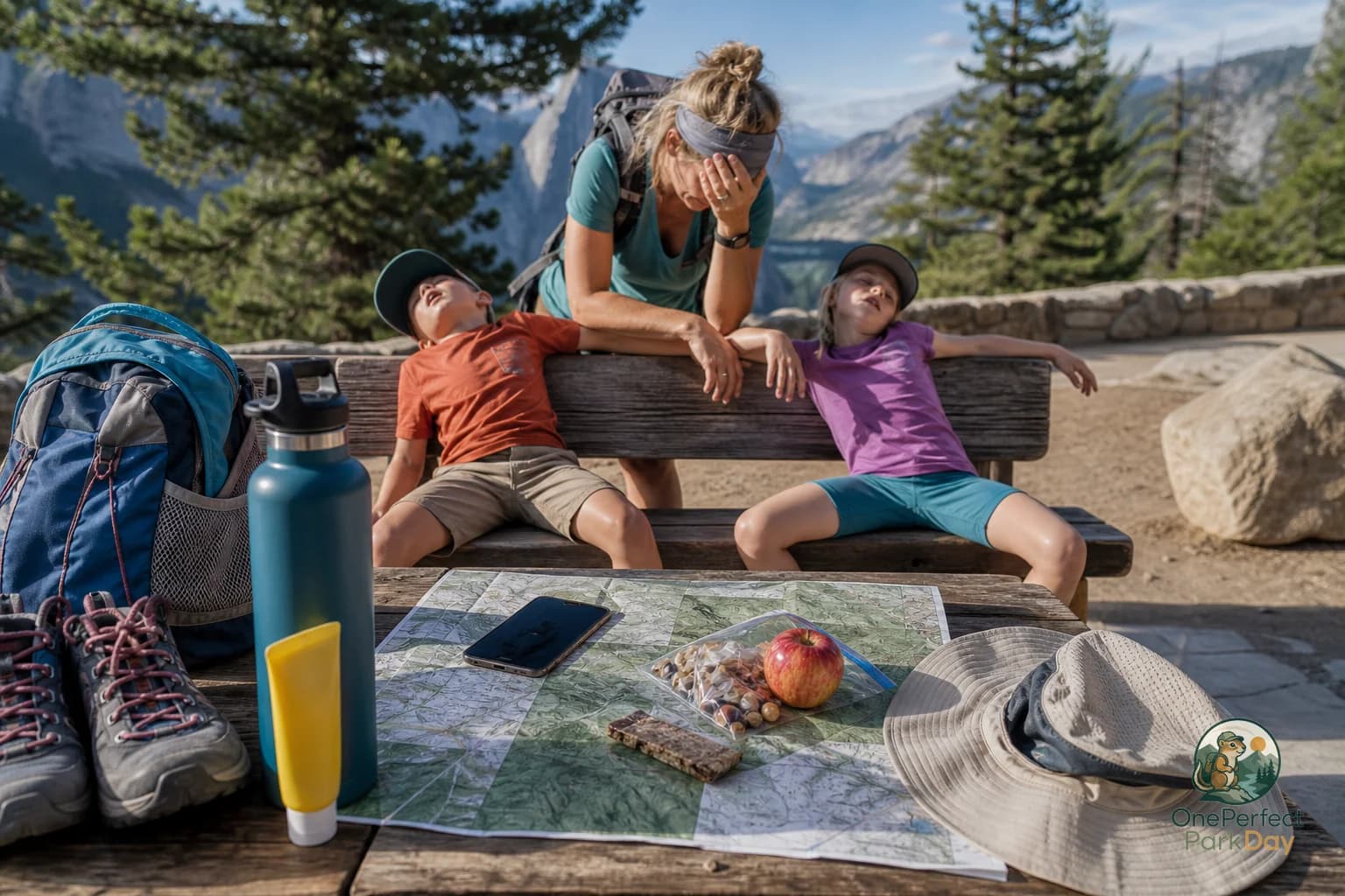 Family looking over a national park viewpoint with daypacks and water bottles