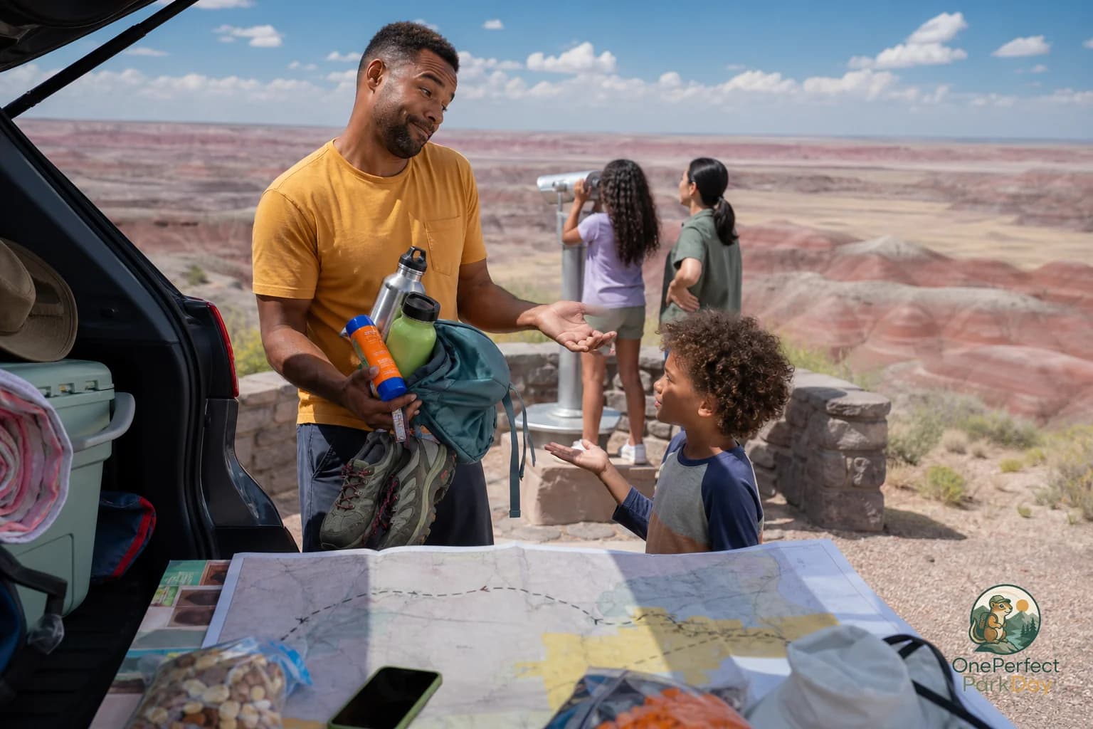 Painted Desert badlands and open road in Petrified Forest National Park