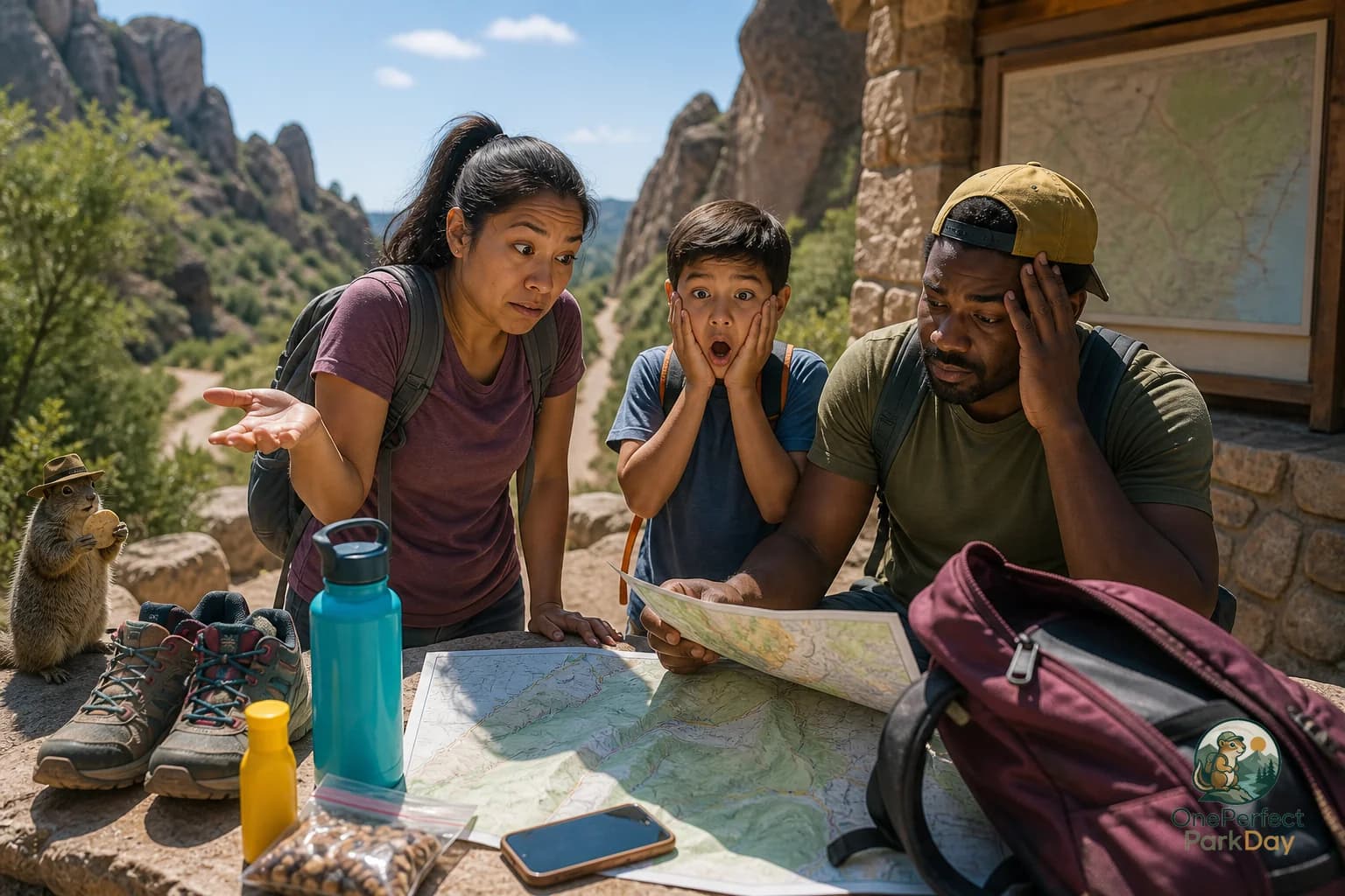 Map style illustration of Pinnacles National Park showing the separate east and west entrance areas with hikers near rocky spires