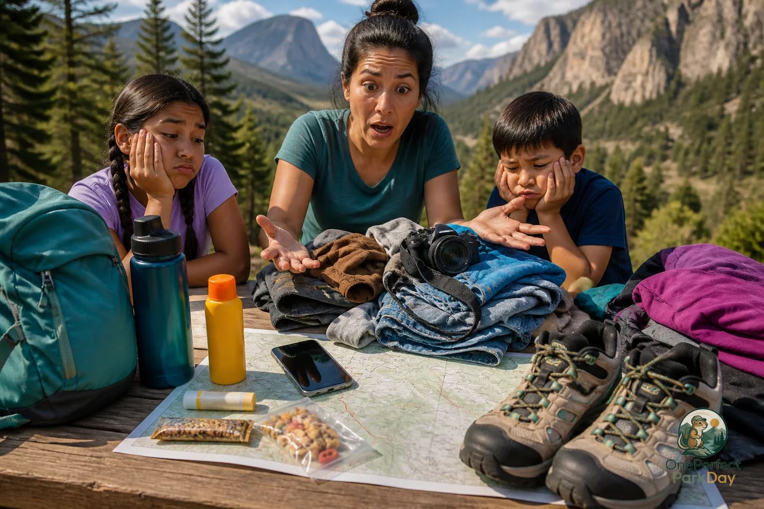 A national park map, water bottle, and small checklist on a picnic table during a one-day trip