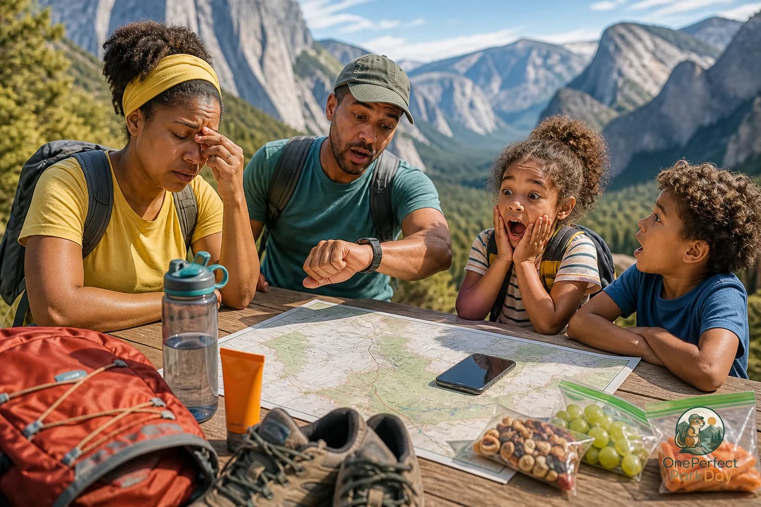 Notebook with a one-day national park itinerary divided into arrival, main experience, reset, and exit blocks