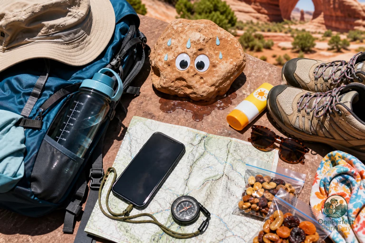 A daypack, water bottles, sun hat, and trail map on red rock near Arches National Park formations