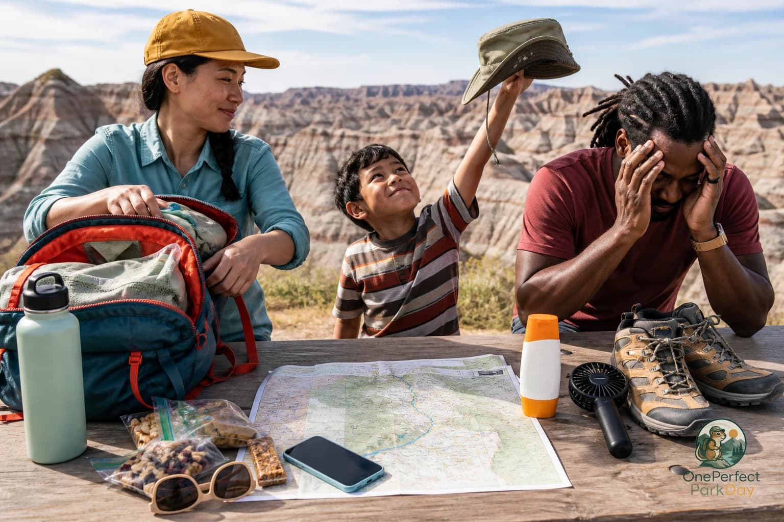 Layered badlands formations under open sky with a small daypack and water bottle at an overlook