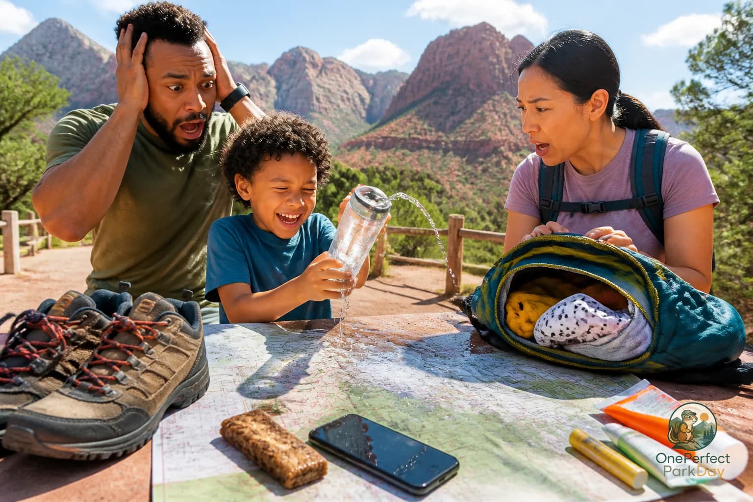 A small daypack, water bottle, map, and sun hat on a picnic table near a national park overlook