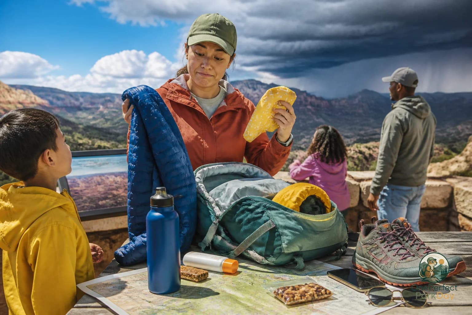 Daypack, water bottle, rain shell, sun hat, and snacks laid out for a one-day US national park visit with changing weather.