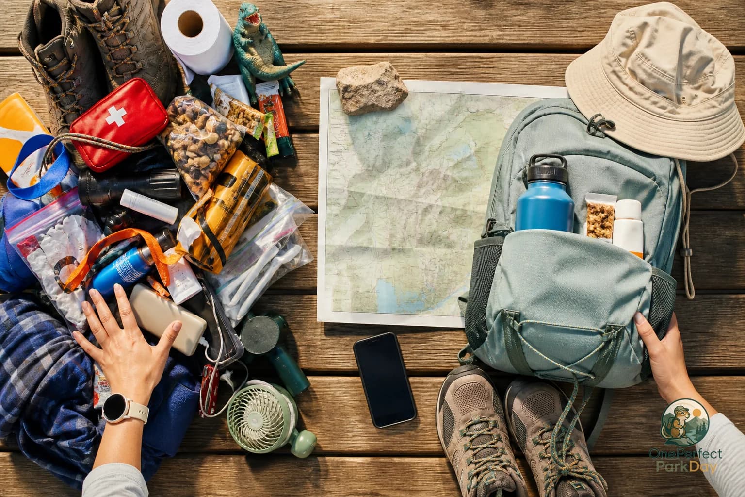 Daypack, water bottle, snacks, sun hat, rain layer, and paper map arranged on a picnic table near a national park trailhead